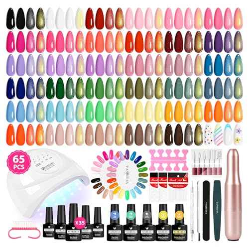 VANREESA Gel Nail Polish Kit with U V Light and Nail Drill Kit 65 Pcs Gel Polish Nail Set 35 All Season Colors Nail Polish Set Base Coat & 4 Effects Top Coat Complete Nail Kit Gifts for Women
