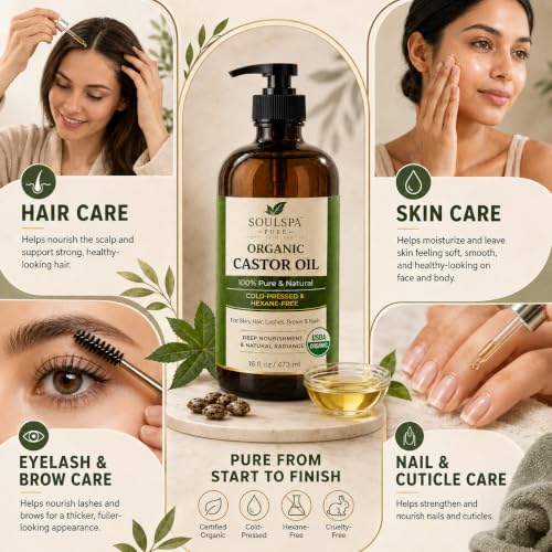 Organic Castor Oil 16 fl oz - Cold Pressed, Hexane Free, for Hair & Skin