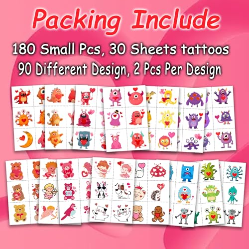 180Pcs Valentines-Day Tattoos - Galentine Monster Tattoos Pre-Cut Individually Wrapped Temporary Tattoo Stickers Goodies Bags Stuffers Gifts