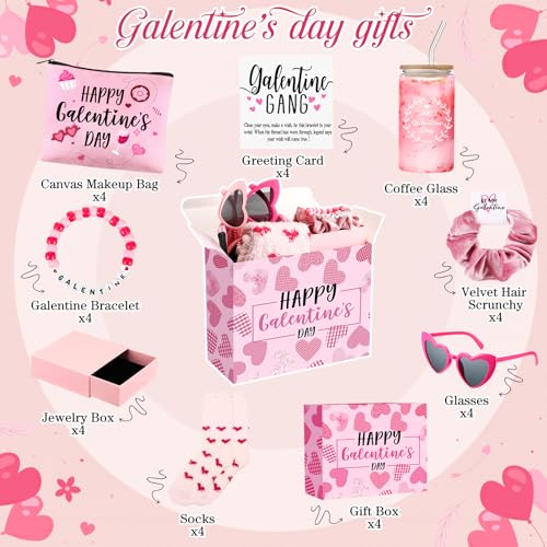 Abbylike 40 Pcs Galentine's Day Gift Include Gift Box Glass Cup Makeup Bags Plush Socks Greeting Cards Velvet Hair Scrunchies Bracelets Sunglasses for Women Friend Bestie Valentine Party Favors