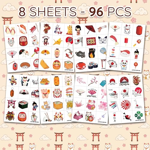 96 PCS Japanese Temporary Tattoos - Pre-Cut Party Favors