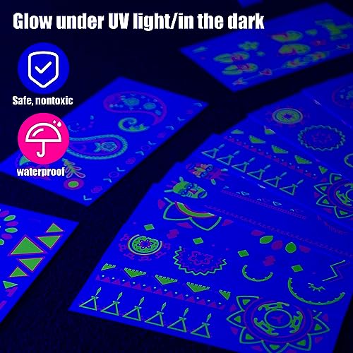Koogel 25 Sheets Glow in Dark Temporary Tattoos, 160PCS Glow Tattoo Stickers Waterproof UV Neon Face Tattoos for Boys Girls Women Men Party Supplies