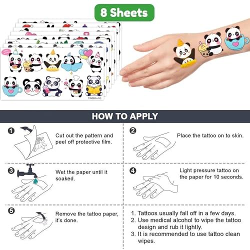 Panda Temporary Tattoos for Kids Themed Panda Birthday Party Supplies, Decorations, and Gifts for Kids Super Cute 96PCS Tattoos Stickers for Girls and Boys, Classroom Prizes, Christmas Fun