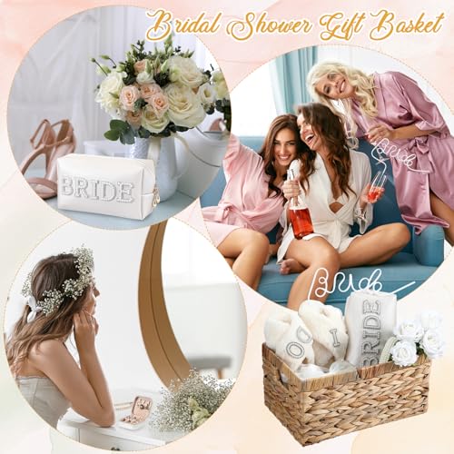 Kacctyen 16 Pcs Bride Gift Basket Ideas Bridal Shower Gifts Boxes Include Wicker Basket Bride Makeup Bag Slippers Pearl Headband Jewelry Box Hair Bow Veil and More for Bridal Stuff Engagement Gifts