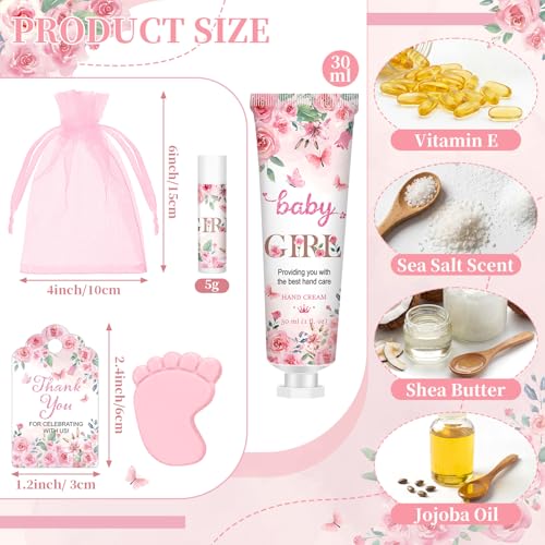 Loopeer 30 Set/150 Pcs Pink Flowers Baby Shower Favors for Guests Gifts Hand Cream Lip Balm Soap Party Favors Gifts Travel Size with Organza Bags, Thanks You Card for Baby Shower Birthday Wedding