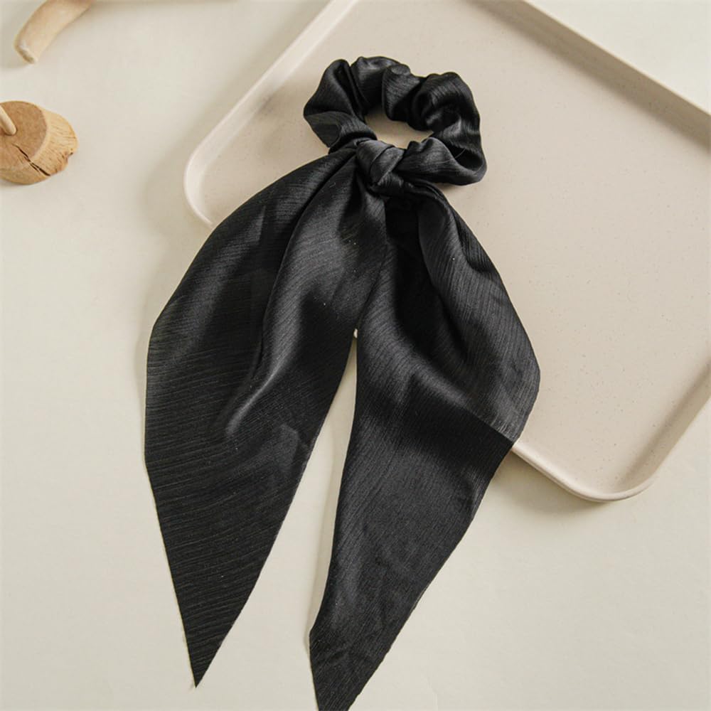 Soft Ribbed Chiffon Scrunchies and Hair Ties with Bows for Women and Girls - Black & Beige 5Pcs Set for Long Hair Ponytails and Updos