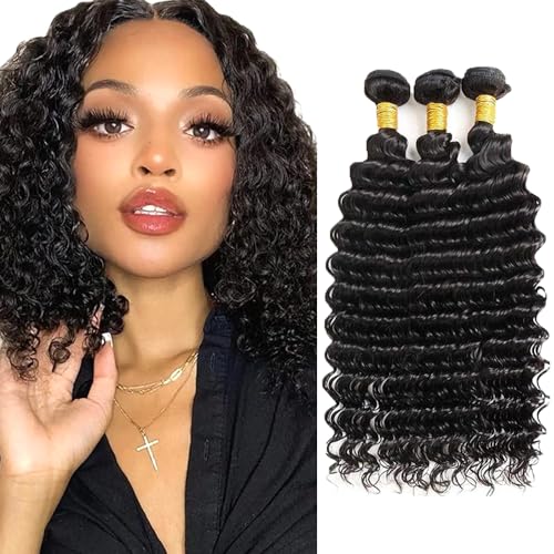 WuvuSnm Black #1BDP Deep Wave Human Hair Bundles 14-18 Inch Brazilian Natural Black