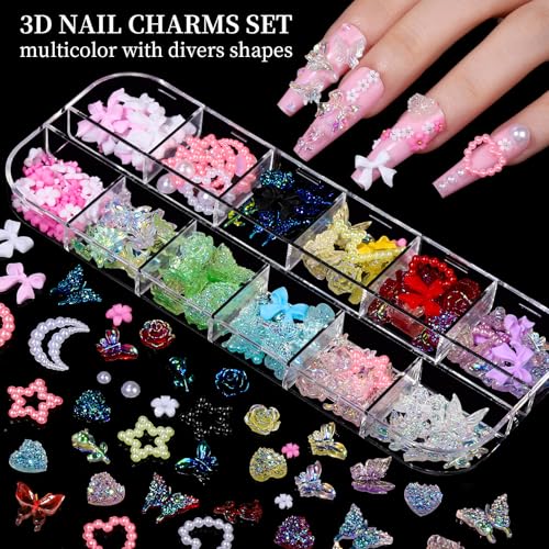 FANDAMEI Nail Charms Kit with Rhinestones & 3D Art Decorations for Nails