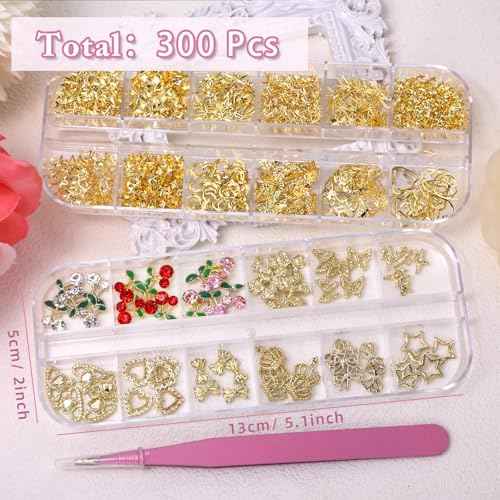 2 Boxes 300 Pcs Gold Nail Charms, Cherry Nail Charms, Bows Star Heart Crosses Butterfly Crown Nail Gold Charms, Multi Shapes Golden Nail Art Studs, Y2K Gold Charms for Nail DIY