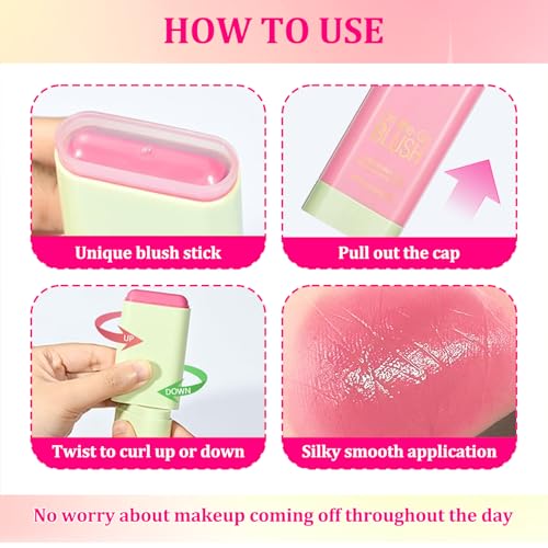 3PCS Blush Stick for Cheeks,Multi-use Solid Matte Makeup Stick Blush Cream for Cheek Eyes and Lips Tint,Moisturizing Tinted Cream Blush,Natural Blendable Cheek Blusher with 3 Makeup Sponges