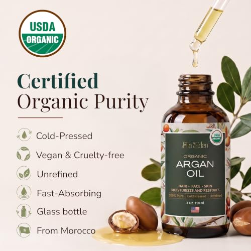 Ella & Eden Organic Argan Oil 4 oz - Pure USDA Certified Multi-Use Hair, Face & Skin Oil
