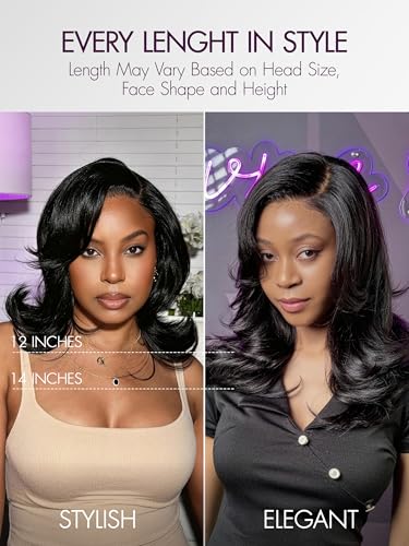 LUVME 12 Inch Layered Wavy Human Hair Bob Wig - Natural Black, Glueless HD Lace Short Wig