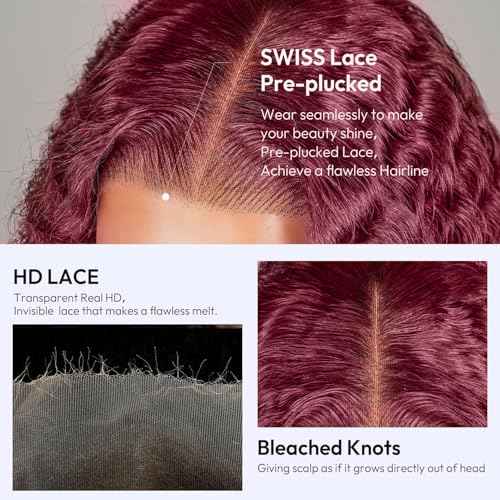 Estilar 99j Burgundy Deep Wave Lace Front Wigs Human Hair 200 Density 13x6 HD Lace Frontal Wigs Pre Plucked Deep Curly Glueless Wigs Human Hair with Baby Hair for Women Red Color 32 Inch