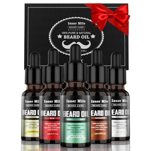 ISNER MILE Beard Oil Kit Stocking Stuffers: Gifts for Men Him Dad Boyfriend, Mustaches Conditioner - Soften - Strength with Sandalwood, Bay Rum, Vanilla, Cologne, Unscented, Beard Grooming and Care