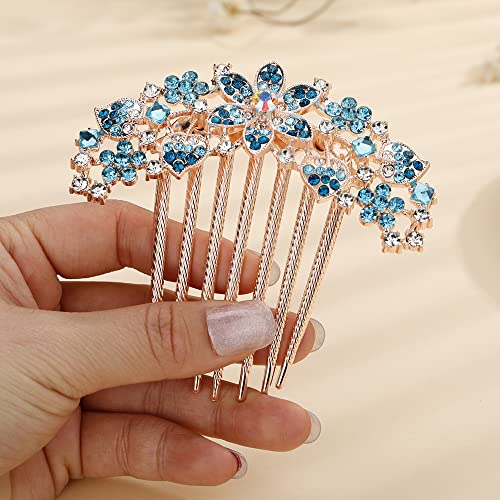 Jumwrit Crystal Bride Wedding Hair Comb Love Heart Leaf Colorful Rhinestone Flower Hair Side Comb Rose Gold Hair Clip Comb Floral Vintage Bridesmaid Headpiece Bridal Hair Jewelry for Women Girls(Blue)