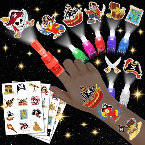 72 PCS Pirate Party Favors ? 48 PCS Luminous Tattoos & 24 PCS LED Finger Lights Combo ? Birthday Goodie Bag Fillers, Party Supplies, Gifts Light Up Toys Glow In The Dark for Boys and Girls