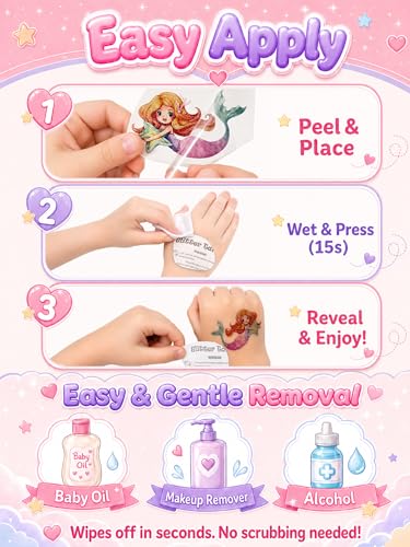 Girls 16 Sheets Glitter Temporary Tattoos - 150+ Mermaid & Unicorn Party Favors