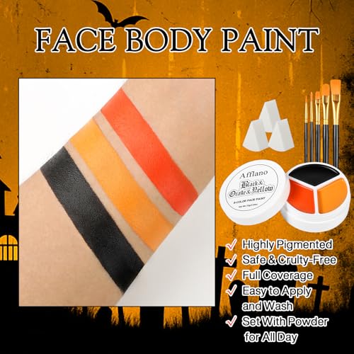 Black Orange Yellow Face Body Paint, Halloween Scarecrow Makeup Kit (3 Sponges + 5 Brushes), 9 Pcs Oil Based Non Toxic Face Painting Kit for Halloween Pumpkin SFX, Clown, Tiger, Lion, Fox, Costume Cos
