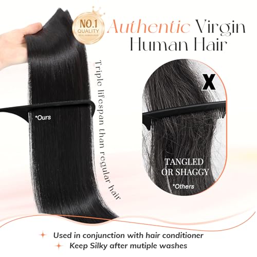 Black Hair Extensions OVO Double PU Weft Human Hair Extensions Invisible Flat Weft Extensions, Natural Looking Seamless Human Hair Extensions for Added Volume & Length