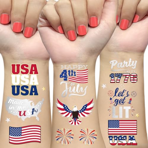Fourth of July Decorations Temporary Tattoos 30 Giltter Style Red White and Blue Patriotic Party Supplies 4th of July Accessories USA America Flag Memorial Day Independence Day Labor Day