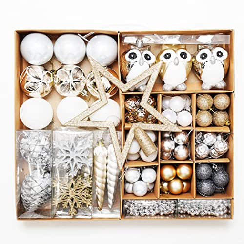 Christmas Tree Ball Ornaments Set, 100 ct Gold-Silver Owl Theme Xmas Ornaments, Shatterproof Decorative Hanging Assorted Ornaments for Holiday Party Decor Tree Ornaments and Events