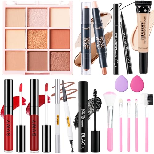 Complete Makeup Set with 9 Colors Eyeshadow, Lip Gloss & Brushes