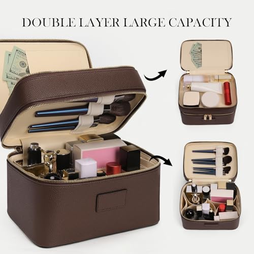 Large Makeup Bag Duo Vanity Case for Women Leather Makeup Case Travel Toiletry Bag Portable Double Layer Cosmetic Bag