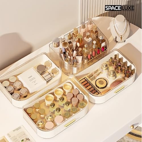 SpaceLuxe 360° Rotating Makeup Organizer with Drawers - Cream White