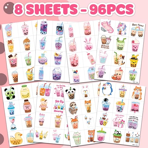 96 Boba Bubble Tea Temporary Tattoos for Kids - Party Favors