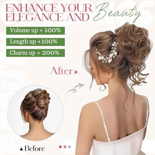 2PCS Messy Bun Hair Piece Tousled Updo with Tendrils Wavy Curly Hair Bun Scrunchies Ponytail Extension Elastic Band Hairpieces For Women (Medium Brown)