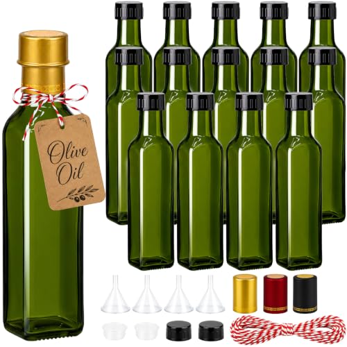 TBWIND Olive Green 8.5oz Glass Olive Oil Bottles – 15 Pack with Airtight Caps & Labels