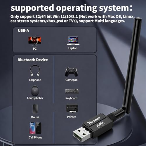 Techkey USB Bluetooth 6.0 Adapter Black - Long Range 600ft Wireless Dongle for PC & Laptop