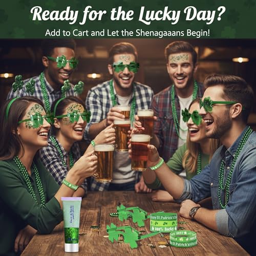 St. Patrick¡¯s Day Party Accessories Outfit for Women- Green Chunky Face Body Hair Glitter, Green Bead Necklaces Bracelets, Shamrock Sunglasses - Irish Saint Paddy Decor Party Favors Supplies