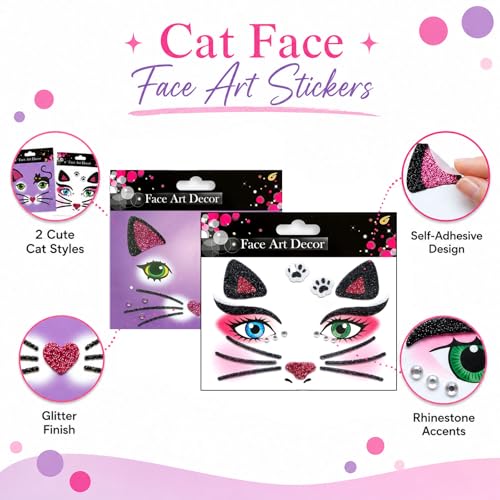 Cat Glitter Face Tattoo Stickers - Halloween Makeup (2 Sheets)