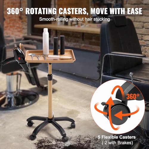 VEVOR Salon Tray Cart, 30"-43" Height Adjustable Rolling Salon Tray, Cold-Rolled Plate Tattoo Tray with 5 Wheels (2 Lockable) for SPA Barber Clinic, Gold & Black