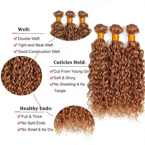 Color 27 Human Hair Bundles 27/30 Water Wave Bundles 12 12 12 Inch Huxowax Unprocessed Virgin Remy Hair Extensions Light Brown Color