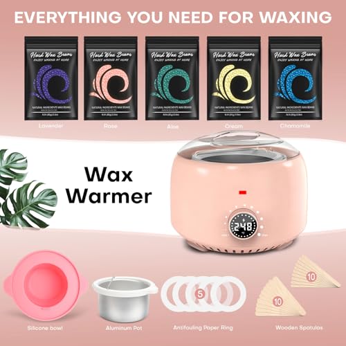 Waxing Kit for Women and Men, Digital Wax Warmer with 14OZ 5 Bags Hard Wax Beads, at Home Wax kit for Full Body, Face, Eyebrows, Bikini, Legs, Brazilian & Sensitive Skin (Blush)