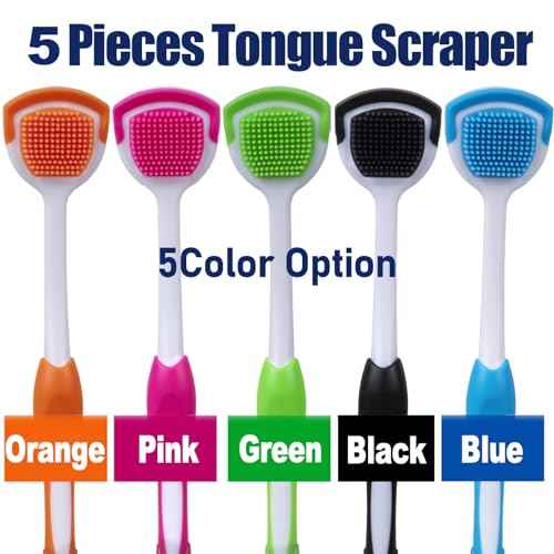 e Scraper and Brush for Adults, 5-Pack with Travel Case, Micro Bristle Tongue Cleaner (5 Colors)