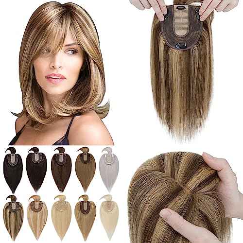 SEGO Hair Toppers for Women With Bangs Real Human Hair, 130% Density 10 * 12CM Silk Base Clip in Top Wiglet Hairpieces for Thinning Hair-14 Inch 4P27 Medium Brown&Dark Blonde