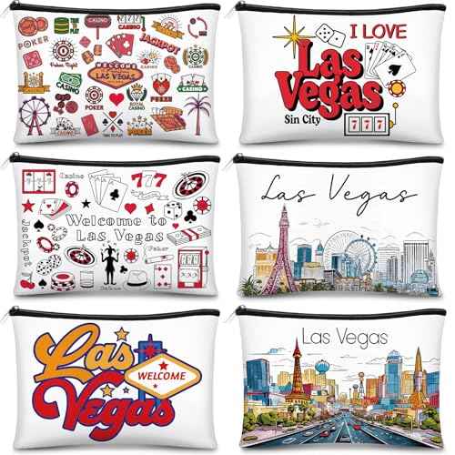 Reginary 6 Pcs City Cosmetic Bag Souvenir Gifts New York Zipper Pouch Chicago Souvenir Seattle Boston Nashville London Paris Italy Alaska Gifts Memento for Women Traveler(Las Vegas)