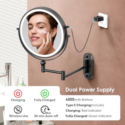 ZLOKLA 9-Inch Black Wall Mounted Lighted Makeup Mirror, 20X Magnification, Rechargeable & Dimmable