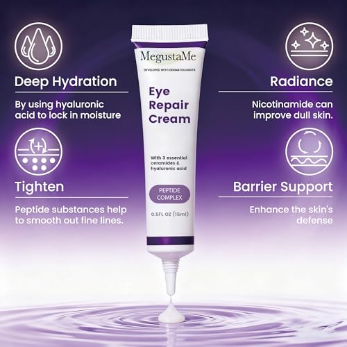 Peptide Complex Eye Cream, formulated with hyaluronic acid, ceramide, and niacinamide, targets dark circles and puffiness. Tested by ophthalmologists, 0.5 FL.OZ