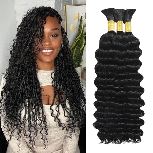 Human Braiding Hair 16 Inch Natural Deep Curly Bulk for Boho Braids - Black #1BBundle