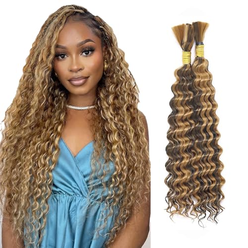 Freiuoke 14 Inch Deep Wave Human Braiding Hair - P4/27 Light Brown, 2 Bundles