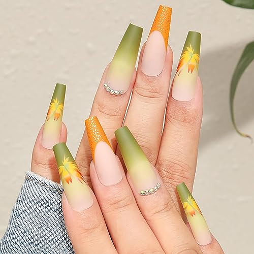 24PCS Fall Press on Nails Long Length Square Fake Nails with Maple Leaf Rhinestones Design Full Cover Artificial Acrylic Nails French Tip False Nails Women DIY Autumn Thanksgiving Manicure