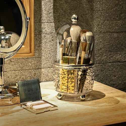 Makeup Brush Holder with Lid Cosmetic Tools Organizer 360 Rotating Make up Brushes Storage for Vanity, Waterproof & Dustproof (Clear)