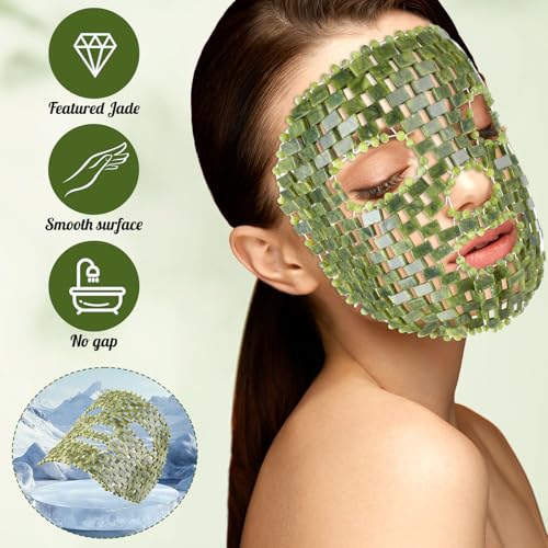 Demissle 4 Pcs Jade Eye Mask Jade Stone Facial Mask Scrap Massage Tool Hair Comb Facial Eye Cooling Stone Massage Tools for Puffy Eyes Dark Circles Gift(Dark Green)