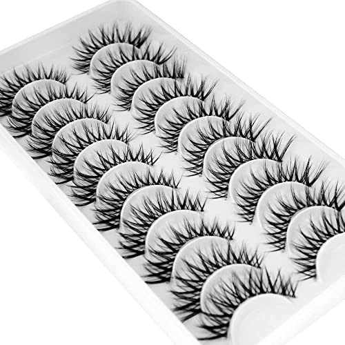 Bluesmurfs False Lashes 3D Cat-Eye Volume Eyelashes Clear Band Lashes Natural Look Faux Mink Invisible Strip Wispy Fake Lashes 10 Pairs