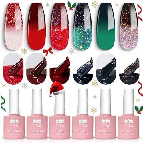 YTD Likomey Color Changing Gel Nail Polish Set,Christmas 6 Colors Shimmer Brocade Glitter Mood Temperature Change Colors Kit,Fall Winter Red Green UV Thermal Varnish,6 Pcs 7.5ml