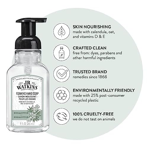 J.R. Watkins Foaming Hand Soap with Pump Dispenser, Moisturizing Foam Hand Wash, All Natural & Foaming Hand Soap Pump with Dispenser, Moisturizing All Natural Hand Soap Foam